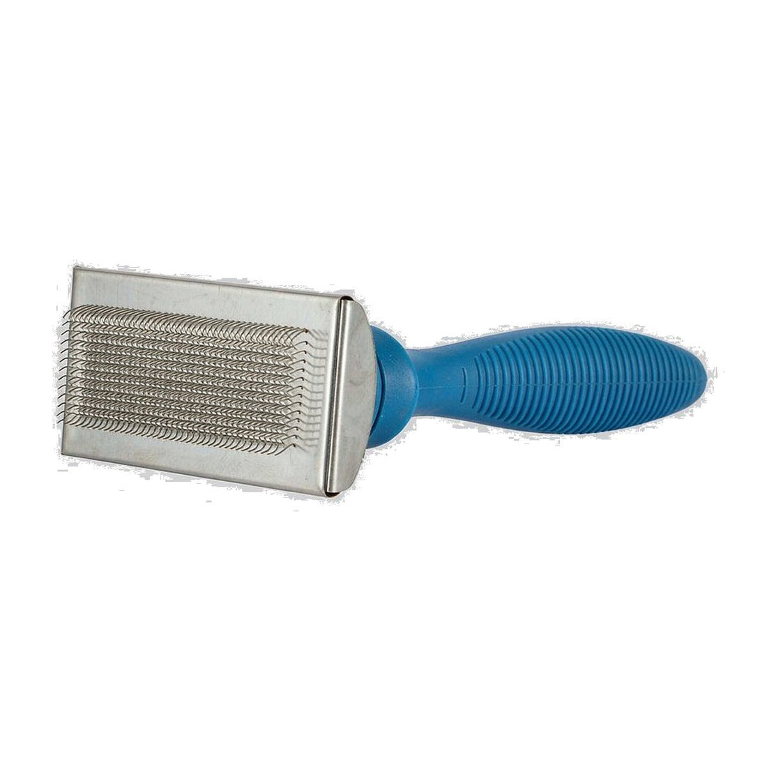 Slicker brush for dogs and cats next to a steel grooming comb