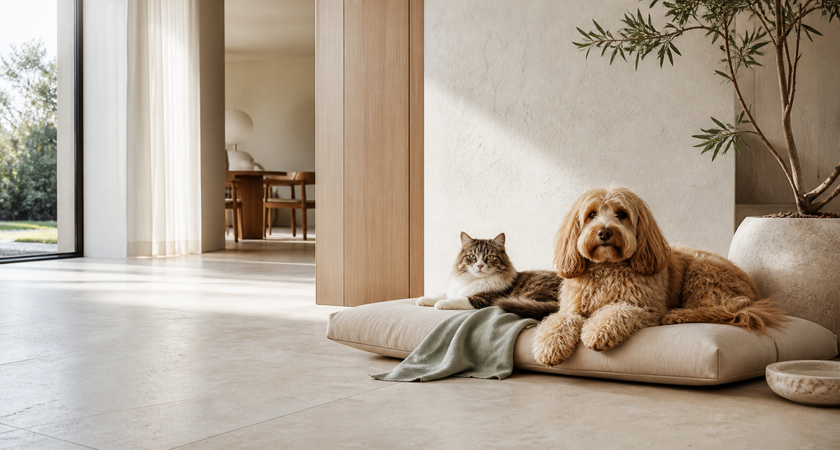 Warm premium pet-home lifestyle scene for Pawluxia
